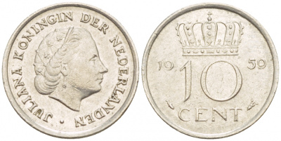 НИДЕРЛАНДЫ 10 ЦЕНТОВ 1959 ЮЛИАНА KM 182 никель 4547-831