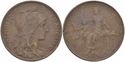 ФРАНЦИЯ 10 САНТИМОВ 1909 ТИП ДАНИЭЛЬ ДЮПЮИ KM 843, LA FRANC 136.19 бронза 109-241