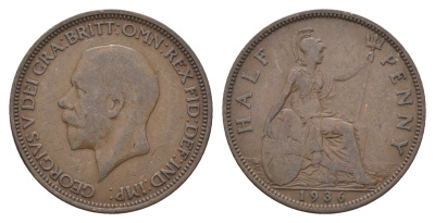 Великобритания 1/2 пенни 1936 Георг V (1910-1936) KM 837, Spink 4058 бронза 4662-1042