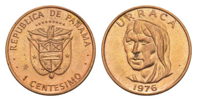 Панама 1 сентесимо 1976 редкий год, Уррака KM 33 цинк плакированный медью BU 4643-1228