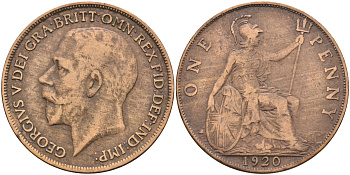 Великобритания 1 пенни 1920 Георг V (1910-1936) KM 810, Spink 4051 бронза 4367-113