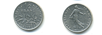 ФРАНЦИЯ 1/2 ФРАНКА 1966 СЕЯТЕЛЬ KM 931.1, LE FRANC 198.5 никель 86-1752