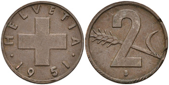 Швейцария 2 раппена 1951 В KM 47 бронза 4114-1233