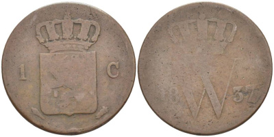 НИДЕРЛАНДЫ 1 ЦЕНТ 1837 ВИЛЛИАМ I (1815-1840) KM 47 медь 219-616