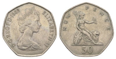 Великобритания 50 пенсов 1969 Елизавета II (1952-2022) KM 913, Spink 4223 (H1) медно-никель 4653-522