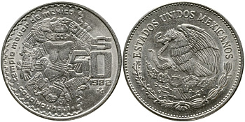МЕКСИКА 50 ПЕСО 1982 БОГИНЯ ЛУНЫ КОЙОЛЬШАУКИ KM 490 медно-никель 4527-922
