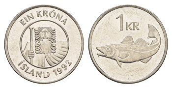 Исландия 1 крона 1992 треска KM 27a сталь плакированная никелем aUNC 4523-346