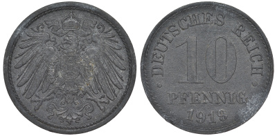 ГЕРМАНИЯ 10 ПФЕННИГОВ 1919 KM 26, J. 299 цинк 45-1253