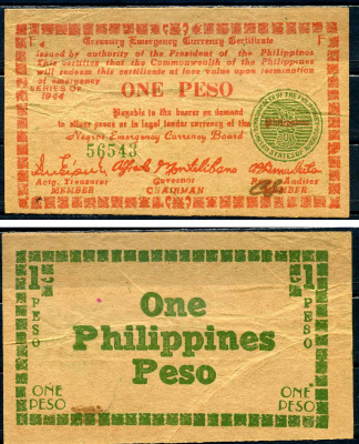 Филиппины 1 песо 1944 валютный сертификат казначейства, серия F4 Pick S672 бумага 7548-73-4-2
