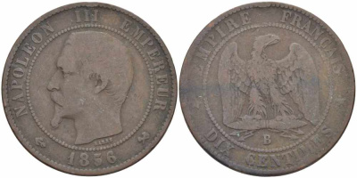 ФРАНЦИЯ 10 САНТИМОВ 1856 B, НАПОЛЕОН III (1852-1870) KM 771.2, LE FRANC 133.33 бронза 38-1215