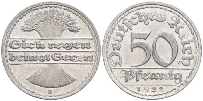 ГЕРМАНИЯ 50 ПФЕННИГОВ 1922 D KM 27, J. 301, Weege 10 алюминий 261-811