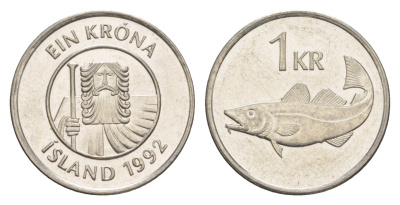 Исландия 1 крона 1992 треска KM 27a сталь плакированная никелем aUNC 4523-346