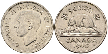Канада 5 центов 1940 бобр, Георг VI (1937-1952) KM 33 никель    4148-1213