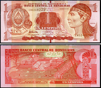 Гондурас 1 лемпира 2012 Индейский вождь Лемпира, руины древних Майя Pick 96 бумага UNC (пресс) 6283-3-4-2