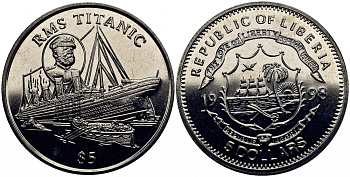 Либерия 5 долларов 1998 гибель Титаника КМ 363 медно-никель UNC 4386-524