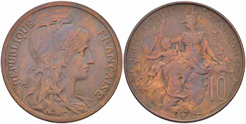 Франция 10 сантимов 1917 тип Даниэль Дюпюи KM 843, LA FRANC 136.29 бронза 109-433