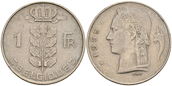 Бельгия 1 франк 1959 Belgique KM 142.1 медно-никель    4161-1233
