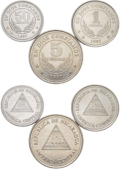 Никарагуа годовой набор из 3 монет (50 сентаво; 1 и 5 кордоб) 1997 KM 88, 89 и 90 UNC 4624-254-256