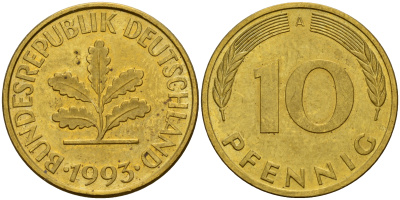 ФРГ 10 пфеннигов 1993 A J. 383, KM 108 сталь плакированная латунью    4603-645