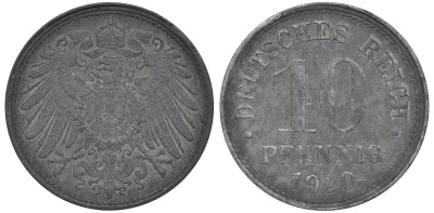 ГЕРМАНИЯ 10 ПФЕННИГОВ 1920 KM 26, J. 299 цинк 45-1259