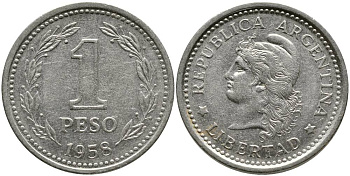 Аргентина 1 песо 1958 голова свободы влево KM 57 сталь плакированная никелем 4525-913
