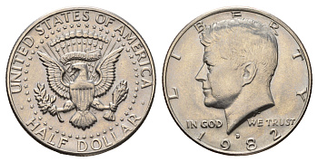 США 1/2 доллара (50 центов) 1982 D, Джон Кеннеди KM A202b медь плакированная медно-никелем UNC 4672-614