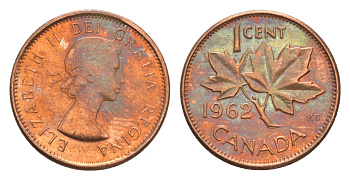 Канада 1 цент 1962 Елизавета II (1952-2022), кленовый лист KM 49 бронза 4639-321