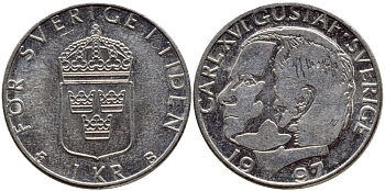 Швеция 1 крона 1997 Карл XVI Густав (1973- ) KM 852a медно-никель 4381-517