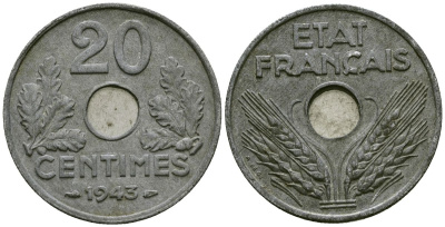 Франция 20 сантимов 1943 Правительство Виши KM 900 цинк 4171-1143