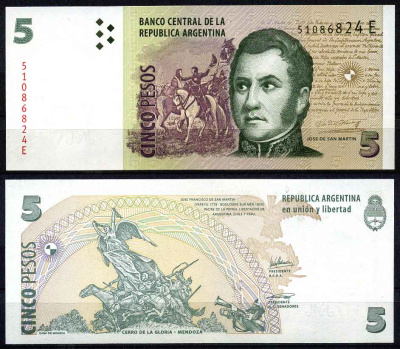 Аргентина 5 песо 2003 серия Е 55715, Генерал Сан Мартин Pick 353 бумага UNC (пресс)   447-8-3