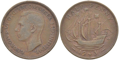 Великобритания 1/2 пенни 1943 Георг VI (1936-1952) KM 844, Spink 4115 бронза 24-913