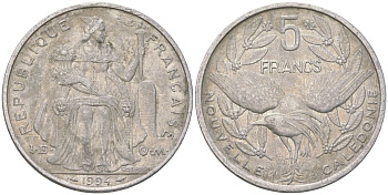 Французская Новая Каледония 5 франков 1994 птица кагу, (IEOM) KM 16, Schoen 12, Lec 81 алюминий 189-143