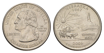США 25 центов (квотер, 1/4 доллара) 2006 P, Квотер штата Небраска KM 383 медь плакированный медно-никелем UNC 4629-127