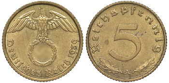 Германия 5 рейхспфеннигов 1939 A KM 91, J. 363 алюминиевая бронза 4602-1262