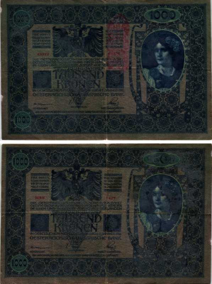 АВСТРИЯ 1000 КРОН 1919 КРАСНАЯ ВЕРТИКАЛЬНАЯ НАДПЕЧАТКА НА 1902 Pick 59 бумага 7548-89-1