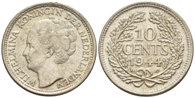 Нидерланды 10 центов 1944 P, Вильгельмина I (1890-1948) KM 163 серебро    4169-231