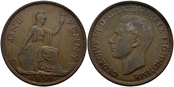 Великобритания 1 пенни 1939 Георг VI (1936-1952) KM 845, Spink 4114 бронза 4364-3833