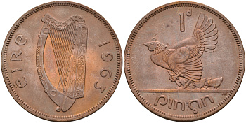 Ирландия 1 пенни 1963 курица с цыплятами KM 11 бронза 4367-1224