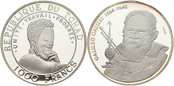 Чад 1000 франков 1999 Галилео Галилей (1564-1642) KM 16 серебро PROOF 00-000-00