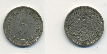 Германия 5 пфеннигов 1911 E KM 11, Jager 12, Weege 6 медно-никель 25-154