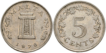 Мальта 5 центов 1976 Ритуальный алтарь в храме Хаджар-Ким KM 10 медно-никель 4156-223