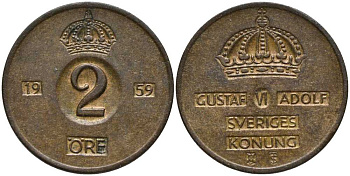 Швеция 2 эре 1959 TS, Густав VI Адольф (1950-1973) KM 821 бронза 202-637