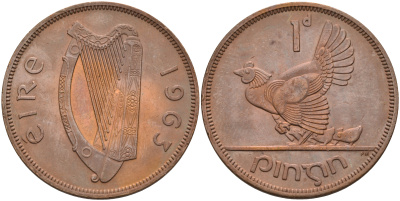Ирландия 1 пенни 1963 курица с цыплятами KM 11 бронза 4367-1224