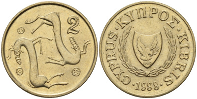 Кипр 2 цента 1998 KM 54.3 никель латунь 4596-121