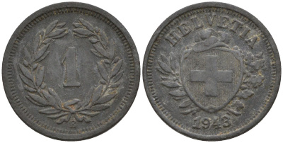 Швейцария 1 раппен 1943 B KM 3a цинк 4152-557
