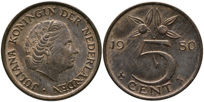 Нидерланды 5 центов 1980 Юлиана (1948-1980) KM 181 бронза 98-316
