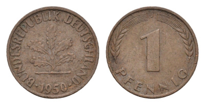 ФРГ 1 пфенниг 1950 J KM 105, J.380 сталь плакированная медью 4669-316