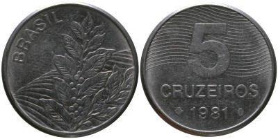 Бразилия 5 крузейро 1981 KM 591, Schon 100 нержавеющая сталь 4514-316