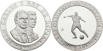 Испания 2000 песет 1990 XXV летние Олимпийские игры 1992 года в Барселоне, футбол KM 862 серебро PROOF 1091-9-23