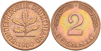 ФРГ 2 пфеннига 1980 F KM 106 сталь плакированная бронзой  UNC  4160-1157